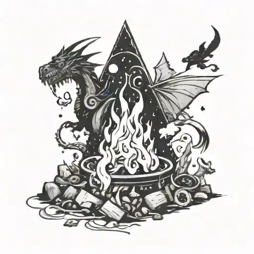 A campfire surrounded by mystical creatures like dragons and unicorns tattoo design idea