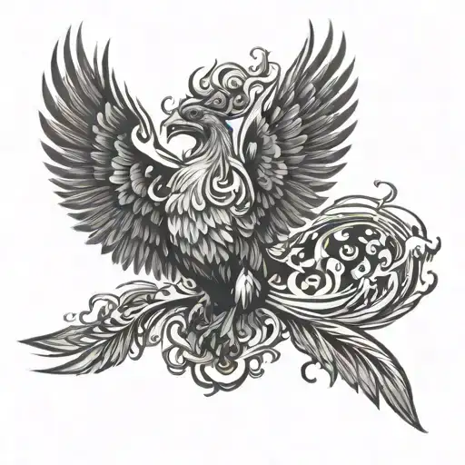 A firefighter battling a blaze with a majestic phoenix rising from the flames tattoo design idea