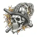 A firefighter battling flames with a skull engulfed in fire in the background tattoo design idea