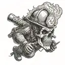 A firefighter battling flames with a skull engulfed in fire in the background tattoo design idea