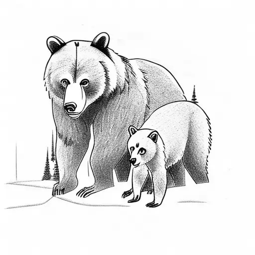 Bear and Wolf in forest with kid fallowing path tattoo design idea