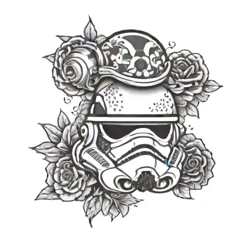 A military inspired tattoo of a stormtrooper helmet adorned with Disney characters like Mickey and Minnie Mouse tattoo design idea