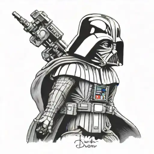 A realistic portrait of Darth Vader with a Mickey Mouse silhouette in the background tattoo design idea