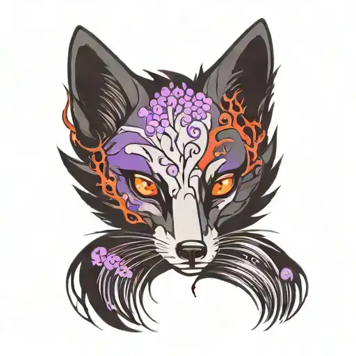 black fox, with red eyes, with tree tails, with purple details tattoo design idea