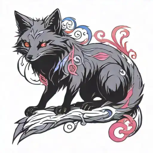 black fox, with red eyes, with tree tails, with purple details tattoo design idea
