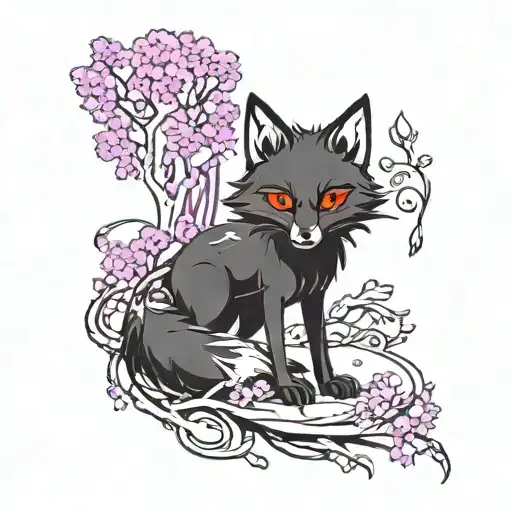 black fox, with red eyes, with tree tails, with purple details tattoo design idea