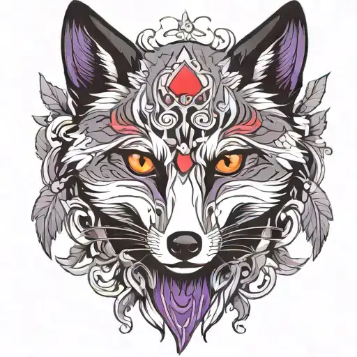 black fox whith red eyes and tree tails, with purple details tattoo design idea