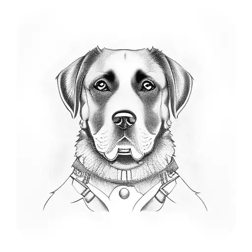 A black-grey tattoo of a leatherworker's workbench with a loyal dog sitting nearby tattoo design idea