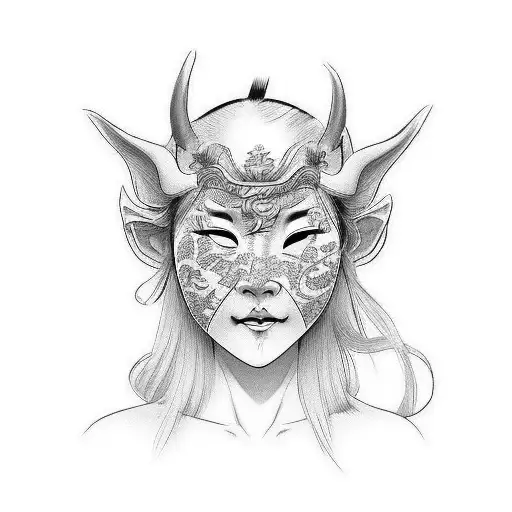 realistic face of japanese woman taking off a hannya mask. tattoo design idea