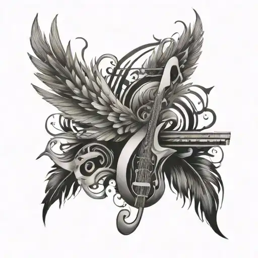 An abstract design combining musical instruments and phoenix feathers tattoo design idea