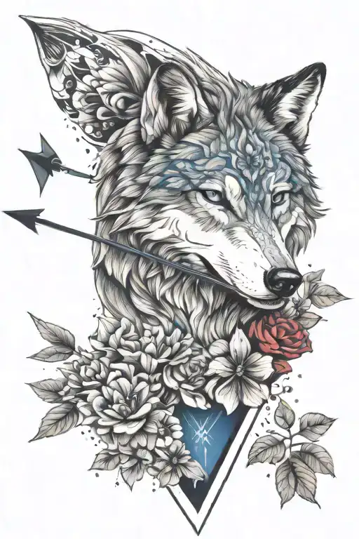wolf with blue and red flowers and an arrow in the background tattoo design idea