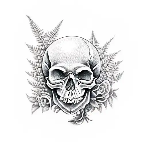 skull with mushrooms and ferns tattoo design idea