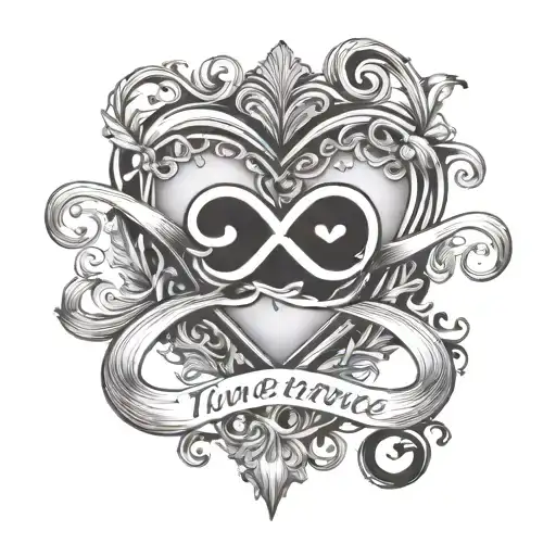 Infinity sign with a small black heart and the inscription in Time Nu Romance font (standard) Beatrice V.F. tattoo design idea