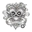 Infinity sign with a small black heart and the inscription in Time Nu Romance font (standard) Beatrice V.F. tattoo design idea