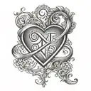 Infinity sign with a small black heart and the inscription in Time Nu Romance font (standard) Beatrice V.F. tattoo design idea