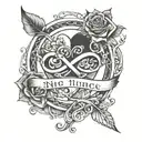 Infinity sign with a small black heart and the inscription in Time Nu Romance font (standard) Beatrice V.F. tattoo design idea