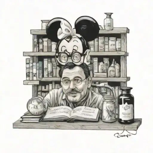 A realistic portrait of a pharmacist wearing Mickey Mouse ears, surrounded by shelves of books and Disney memorabilia tattoo design idea