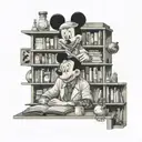 A realistic portrait of a pharmacist wearing Mickey Mouse ears, surrounded by shelves of books and Disney memorabilia tattoo design idea