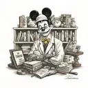 A realistic portrait of a pharmacist wearing Mickey Mouse ears, surrounded by shelves of books and Disney memorabilia tattoo design idea