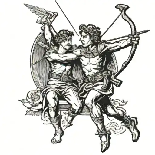 the two sides of cupid shooting a bow and arrows and stab a man  tattoo design idea