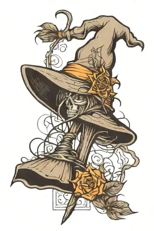 Witches broom and hat with cobwebs tattoo design idea