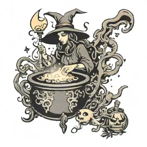 A whimsical tattoo of a witch brewing a magical potion in a cauldron surrounded by mystical symbols tattoo design idea