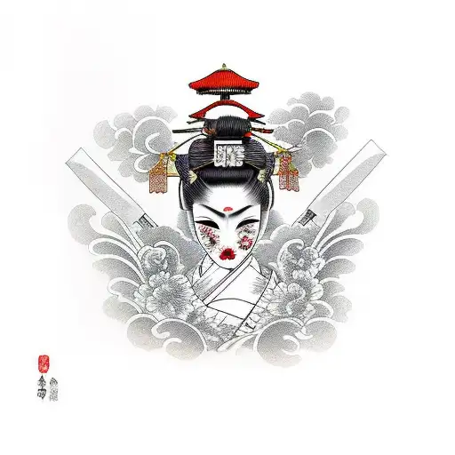 Geisha with a Dagger and mask tattoo design idea