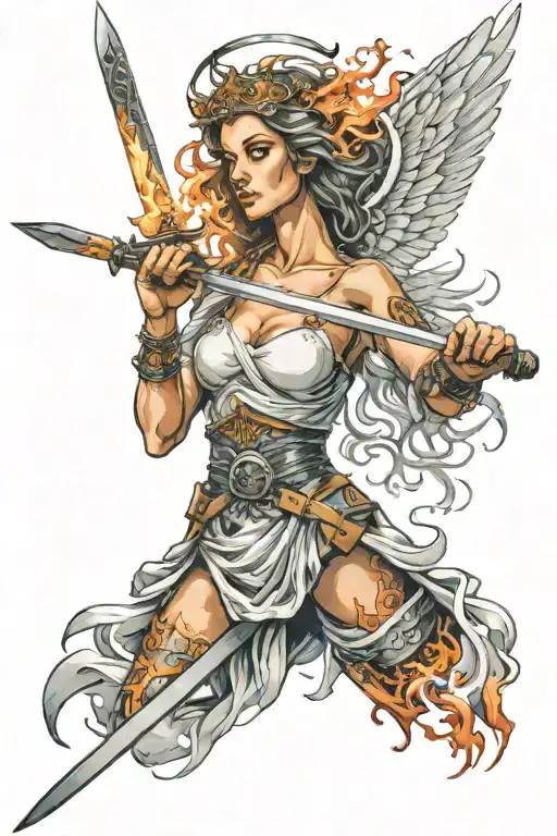 A female angel with a flaming sword held above her head tattoo design idea