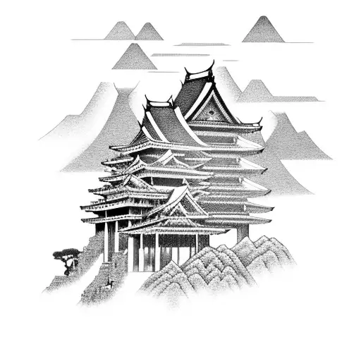 A mountain landscape with Japanese and Cambodian elements, symbolizing the client's favorite destinations tattoo design idea