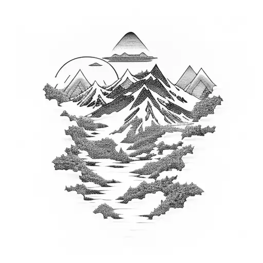 A mountain landscape with Japanese and Cambodian elements, symbolizing the client's favorite destinations tattoo design idea