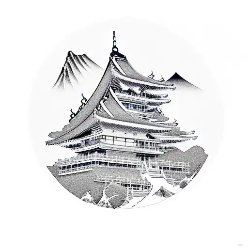 A mountain landscape with Japanese and Cambodian elements, symbolizing the client's favorite destinations tattoo design idea