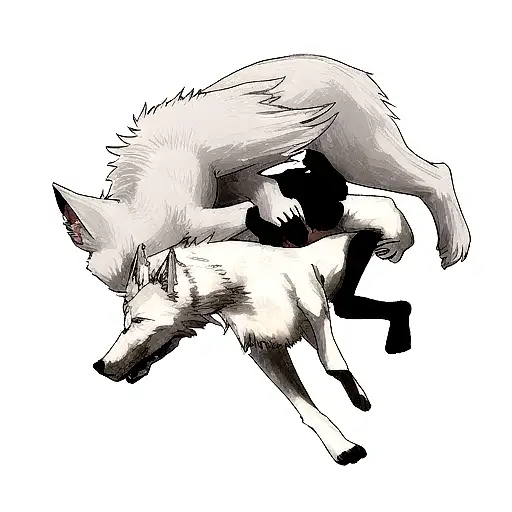 a fight which a white wolf bite at another black wolf's neck and hold it on the ground tattoo design idea