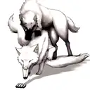 a fight which a white wolf bite at another black wolf's neck and hold it on the ground tattoo design idea
