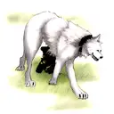 a fight which a white wolf bite at another black wolf's neck and hold it on the ground tattoo design idea