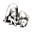a fight which a white wolf bite at another black wolf's neck and hold it on the ground tattoo design idea