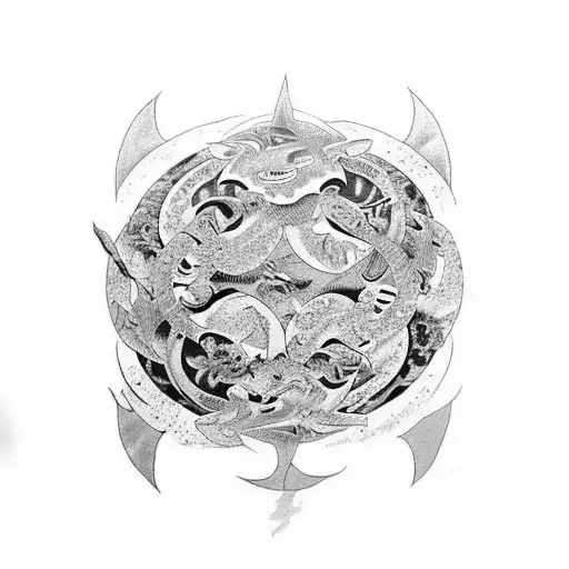 A shark and tiger circling each other in a yin yang symbol tattoo design idea
