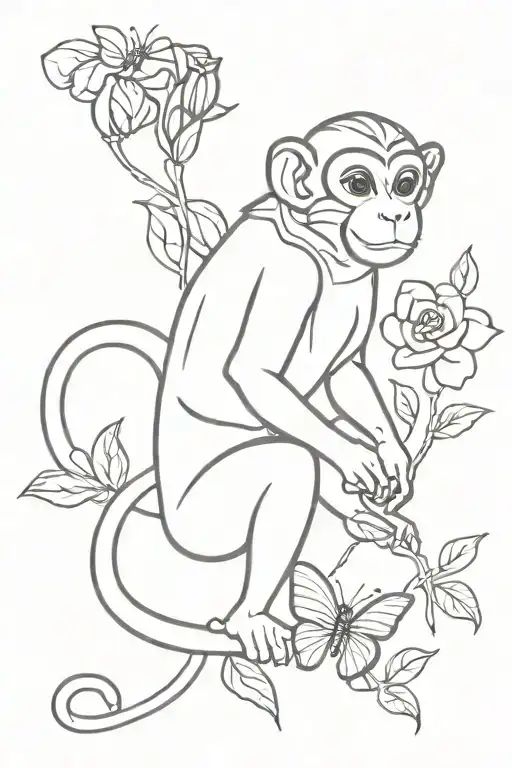 A black and white simple tattoo design of a monkey with a long tail holding a rose with a butterfly sitting on the rose  tattoo design idea