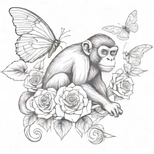 full-bodied monkey with an elongated with roses and butterflies  tattoo design idea