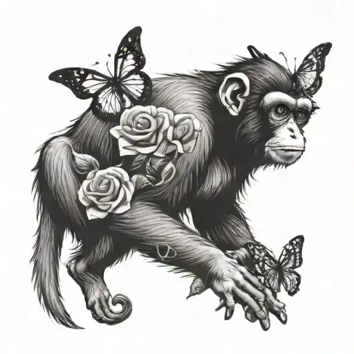 full-bodied monkey with an elongated tail. monkey is holding a blooming rose with butterfly upon it tattoo design idea