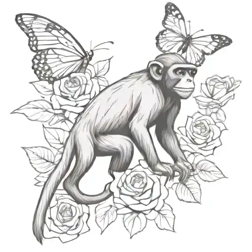 full-bodied monkey with an elongated with roses and butterflies  tattoo design idea