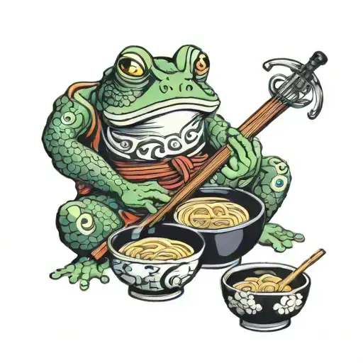 Ramen soup and frog sitting tattoo design idea