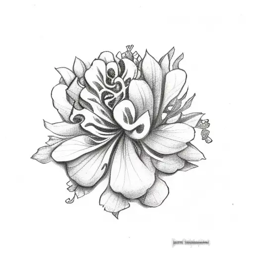 black and white chestnut leaf, lilac flower, and carnation flower in the back, with trash polka poppy flower in front tattoo design idea