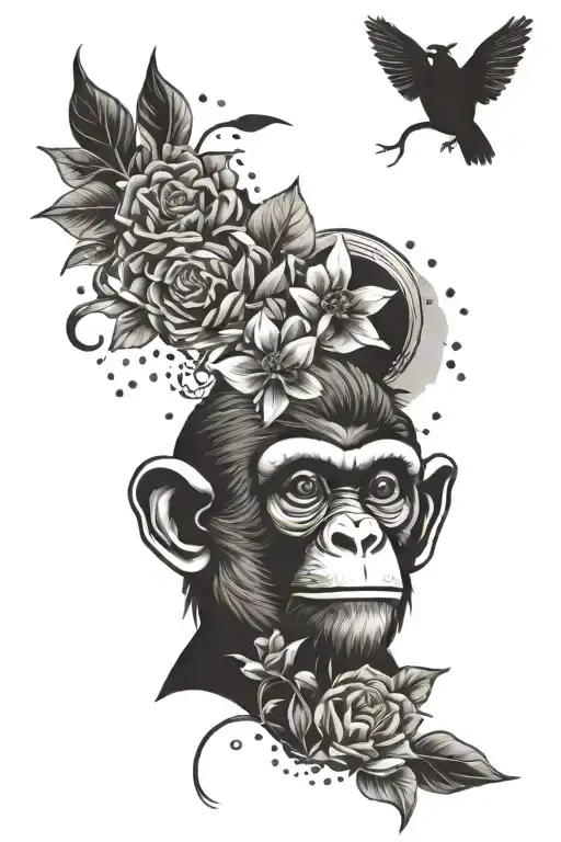 monkey head with bee and sparrow flying tattoo design idea