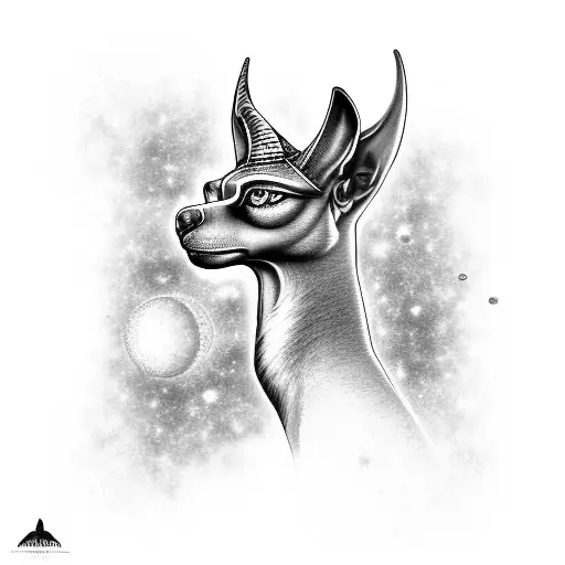 A realistic black and grey tattoo of an the Egyptian god Anubis exploring a galaxy filled with colorful planets tattoo design idea
