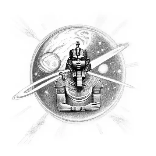 A realistic black and grey tattoo of an the Egyptian god RA exploring a galaxy filled with colorful planets tattoo design idea