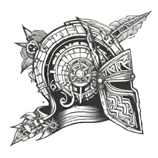 geometric illyrian helmet with illyrian sun and planet mars  tattoo design idea