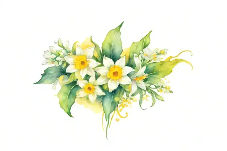 yellow dafodils surrounded by white daisies and mums with vines  tattoo design idea