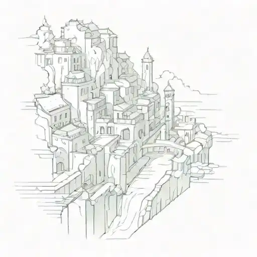 The city is surrounded by walls, a river flows through the middle of the city, and in the center of the city there is a  tattoo design idea