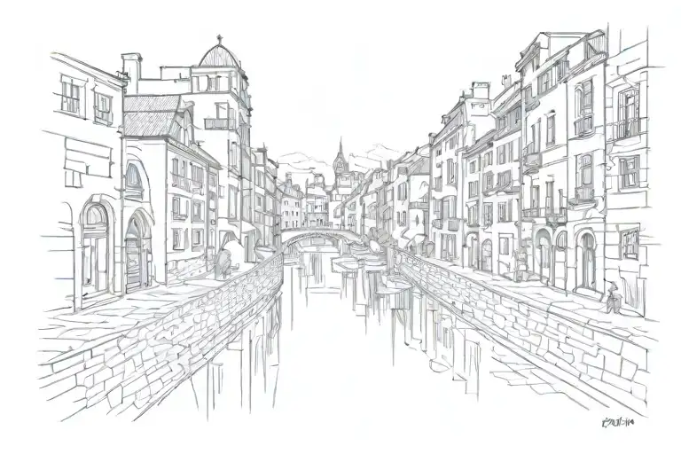 The city is surrounded by walls, a river flows through the middle of the city, and in the center of the city there is a  tattoo design idea