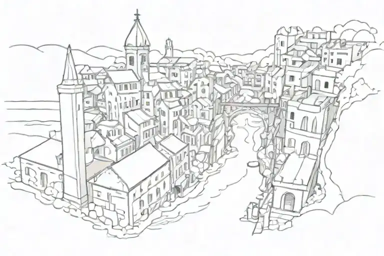 The city is surrounded by walls, a river flows through the middle of the city, and in the center of the city there is a  tattoo design idea